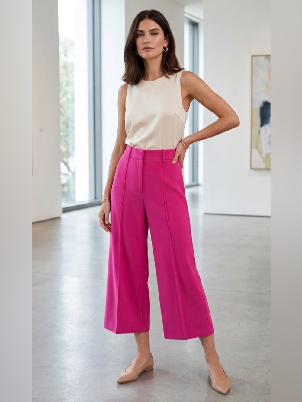 MILLY Pink Wide-Leg Cropped Cady Trousers – 25”‎ Inseam